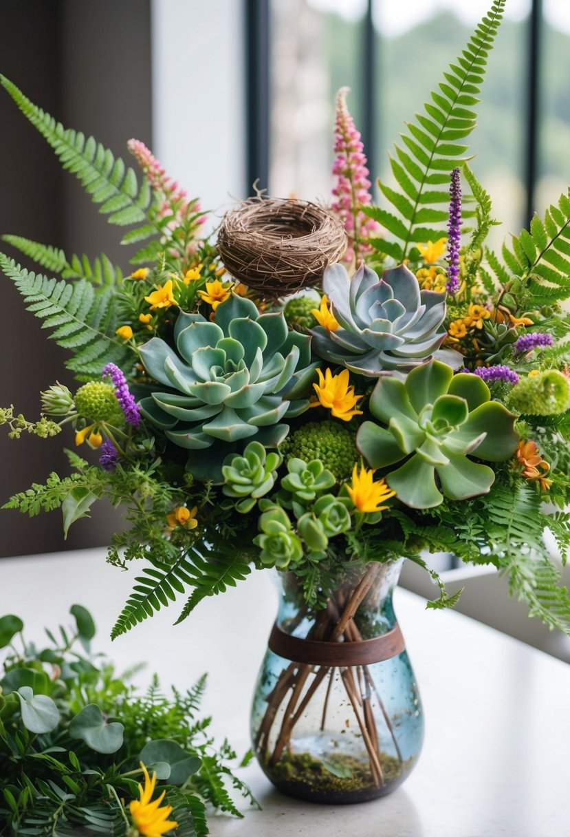 A lush, vibrant bouquet of succulents, wildflowers, and ferns arranged in a recycled glass vase, with a small bird's nest nestled among the greenery