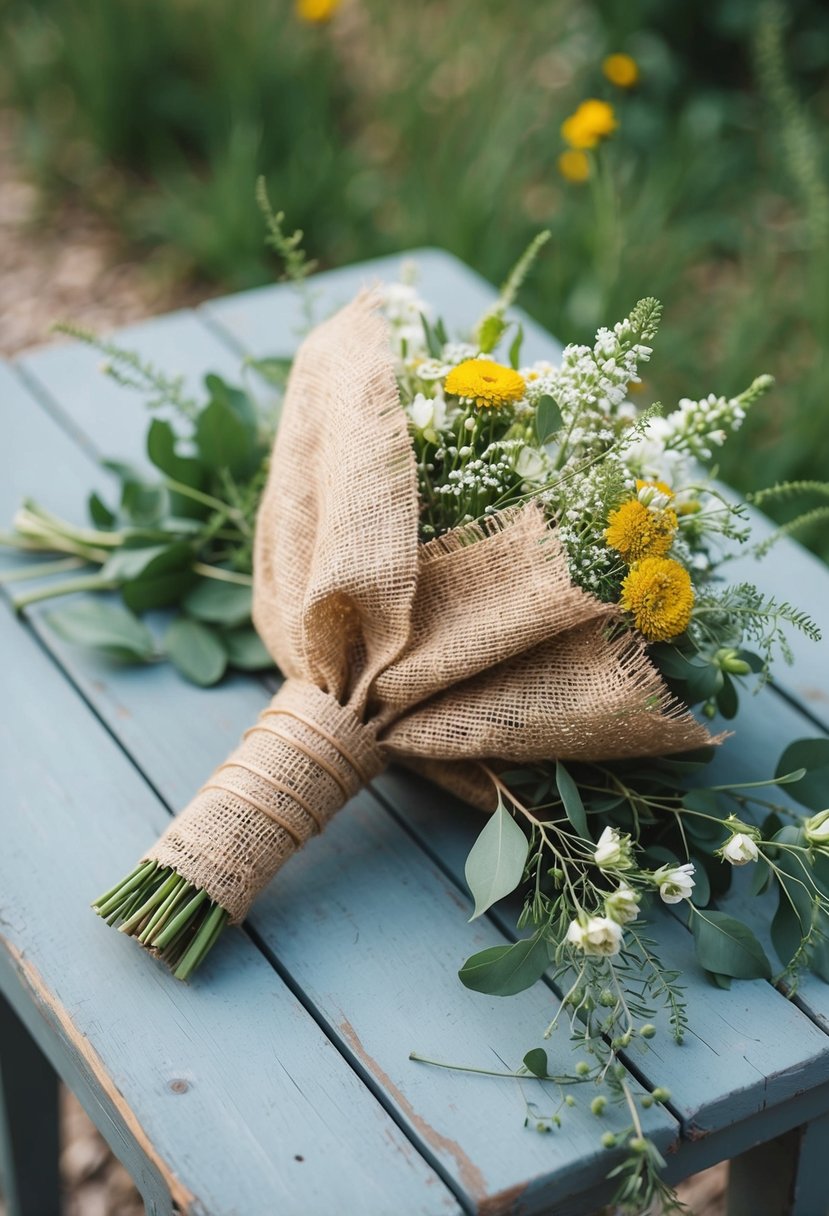 A rustic burlap-wrapped modern wedding bouquet sits on a weathered wooden table, surrounded by delicate wildflowers and greenery