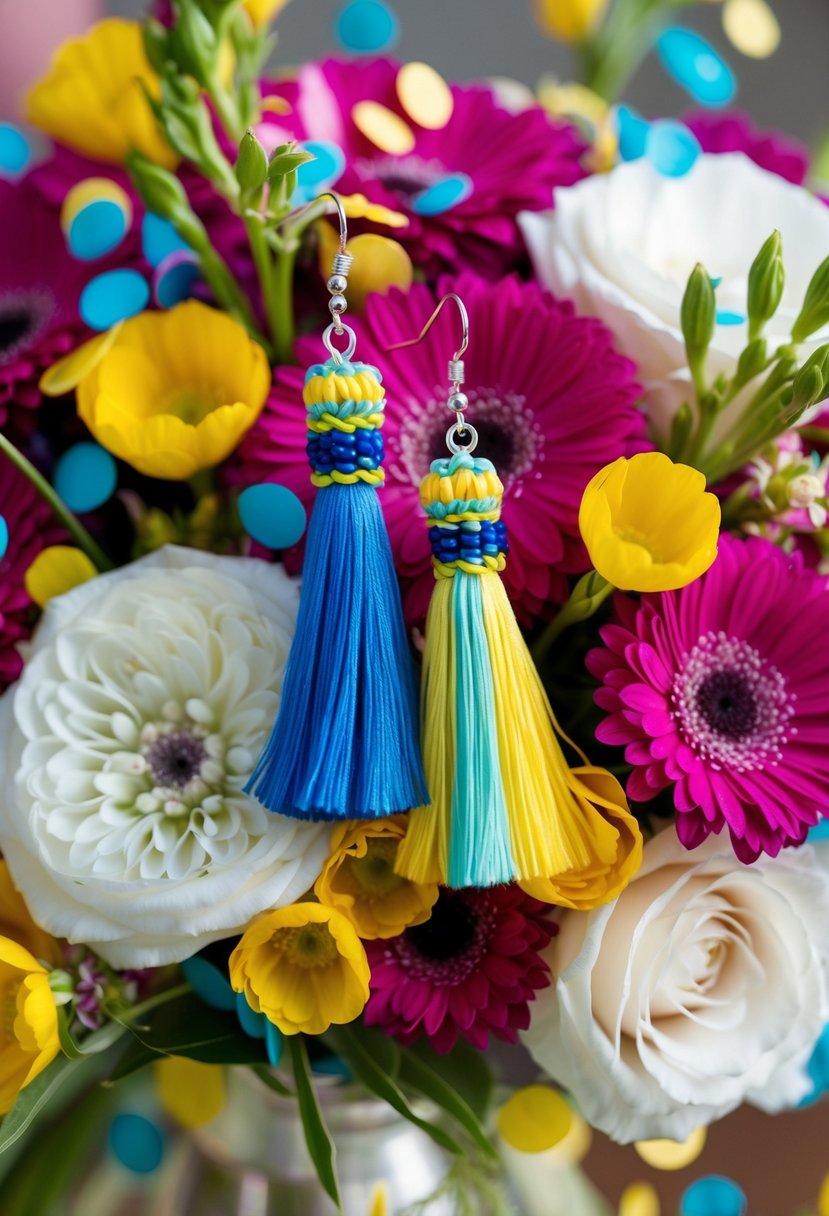 Colorful tassel earrings dangle from a whimsical wedding bouquet, surrounded by vibrant flowers and playful confetti