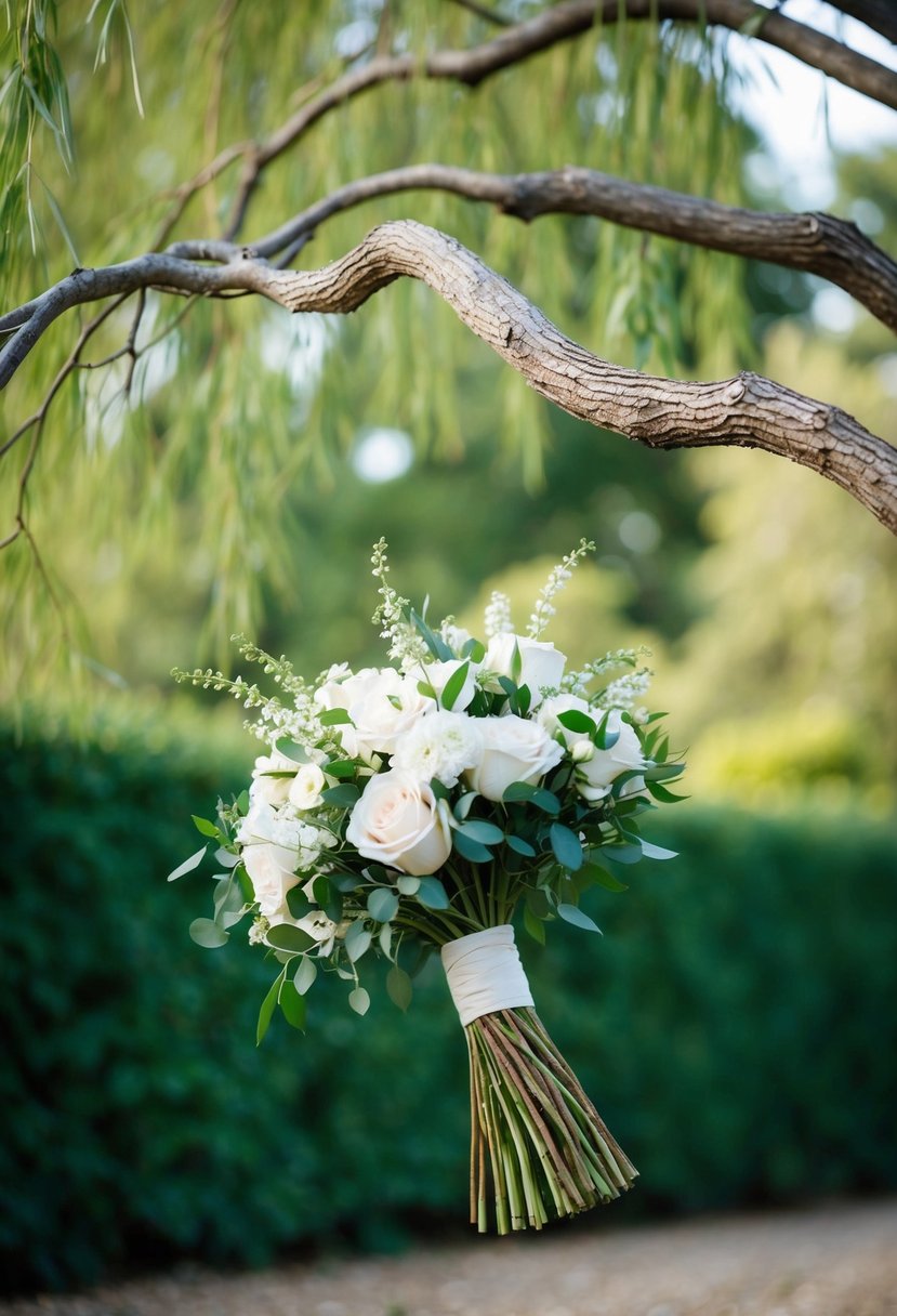 A twisted willow branch reaches out, intertwining with a modern wedding bouquet