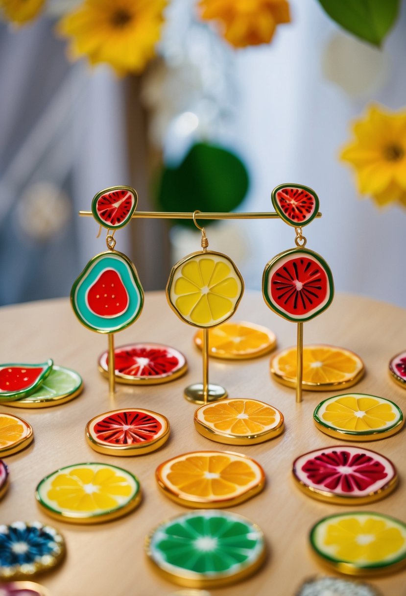 A table with colorful enamel fruit slice earrings arranged in a playful and quirky manner, creating a fun and unique wedding earring display