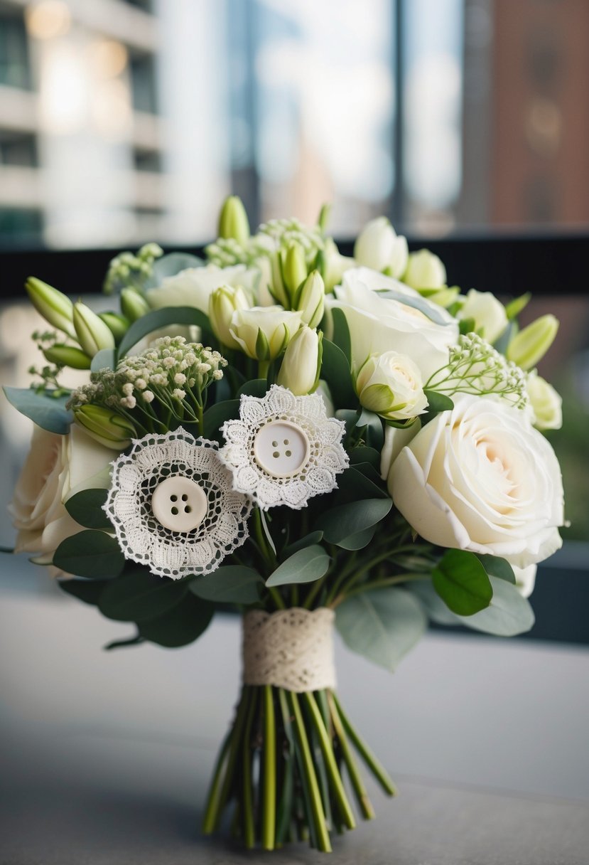 A bouquet of modern wedding flowers with vintage lace buttons intertwined in the arrangement