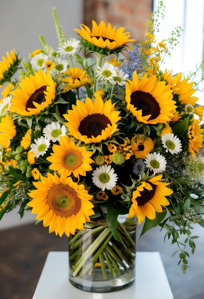 A vibrant bouquet of sunflowers, daisies, and wildflowers arranged in a modern, cascading style