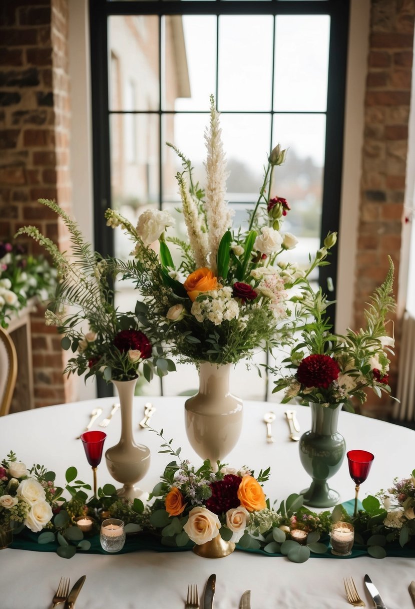 A table with various floral arrangements in vases, ribbons, and greenery