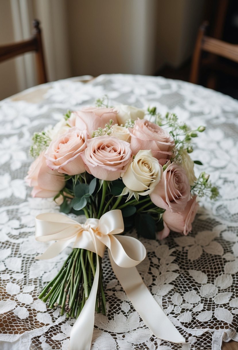 A delicate bouquet of blush and ivory roses, tied with a flowing ribbon, rests on a vintage lace tablecloth