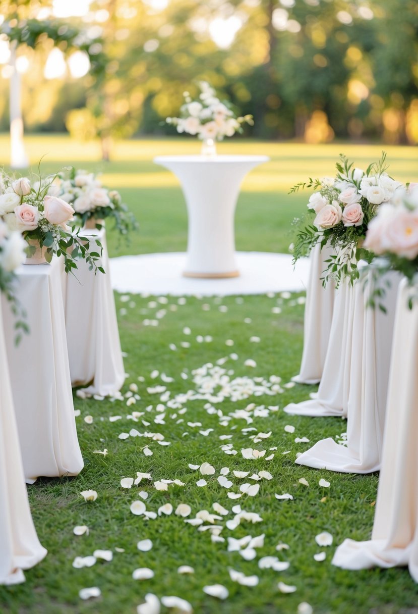 A serene outdoor setting with a simple, elegant altar and scattered flower petals. Tables adorned with delicate centerpieces and soft lighting