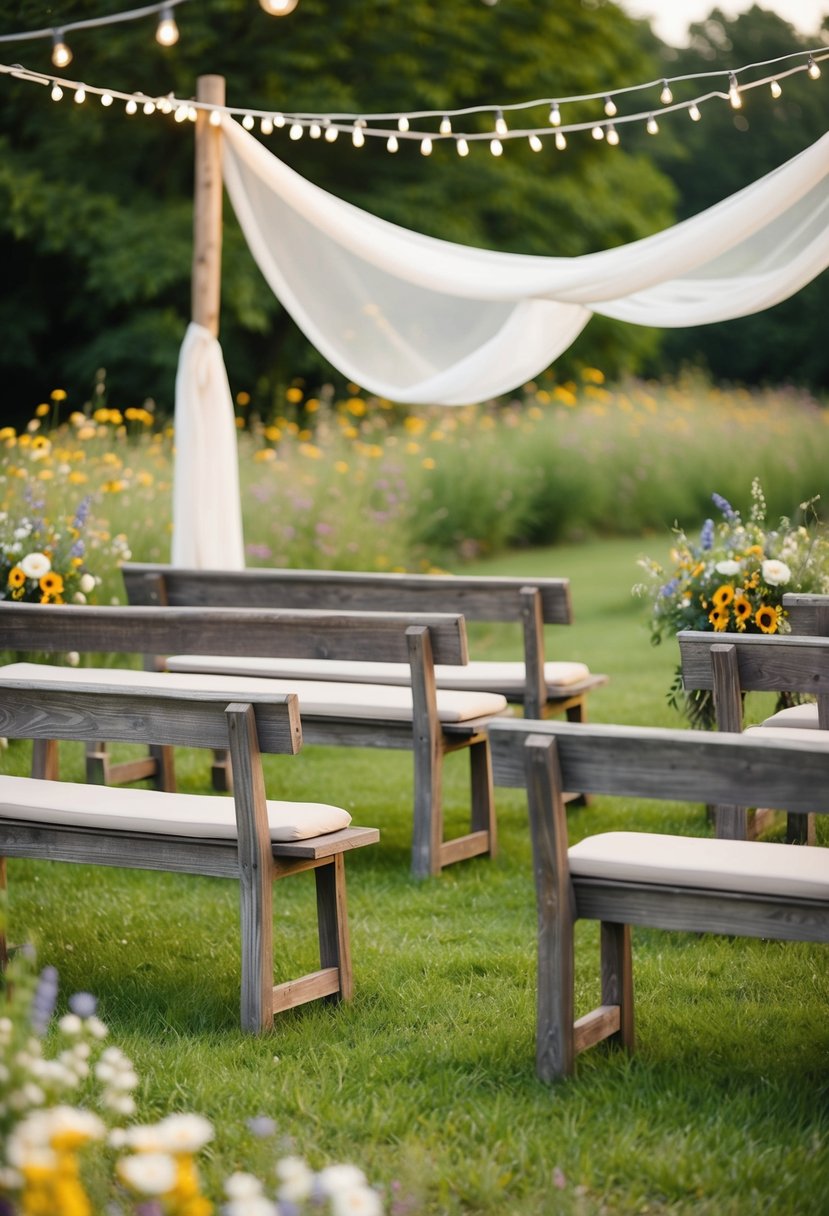 A serene outdoor ceremony spot with rustic wooden benches, draped with flowing fabric and surrounded by wildflowers and twinkling string lights