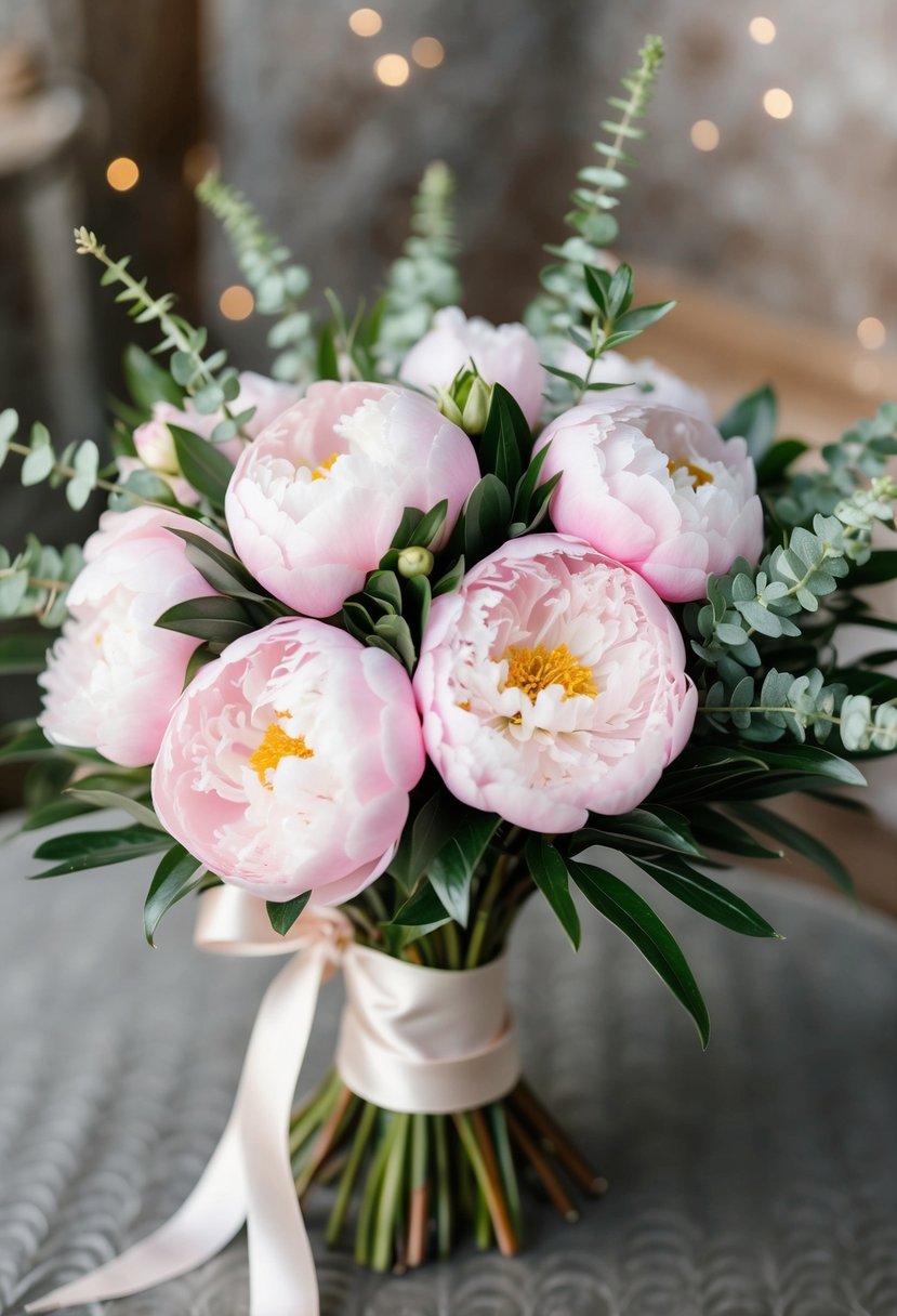 A delicate arrangement of pink peonies, accented with greenery and tied with a satin ribbon