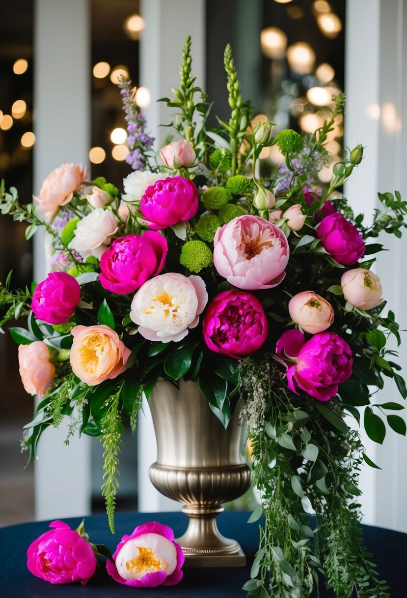 A vibrant array of roses, peonies, and greenery cascading from an elegant vase