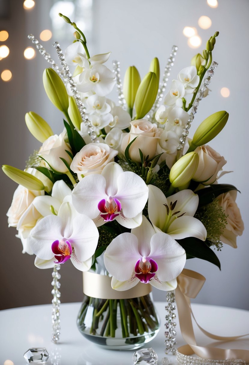 A stunning bouquet of orchids, lilies, and roses in a modern, glamorous style. Sparkling jewels and ribbons add a touch of luxury