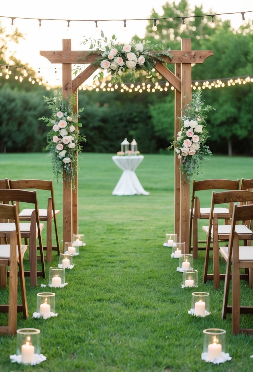 A backyard wedding: a rustic wooden arch adorned with flowers, bistro lights strung overhead, and a grassy aisle lined with simple wooden chairs