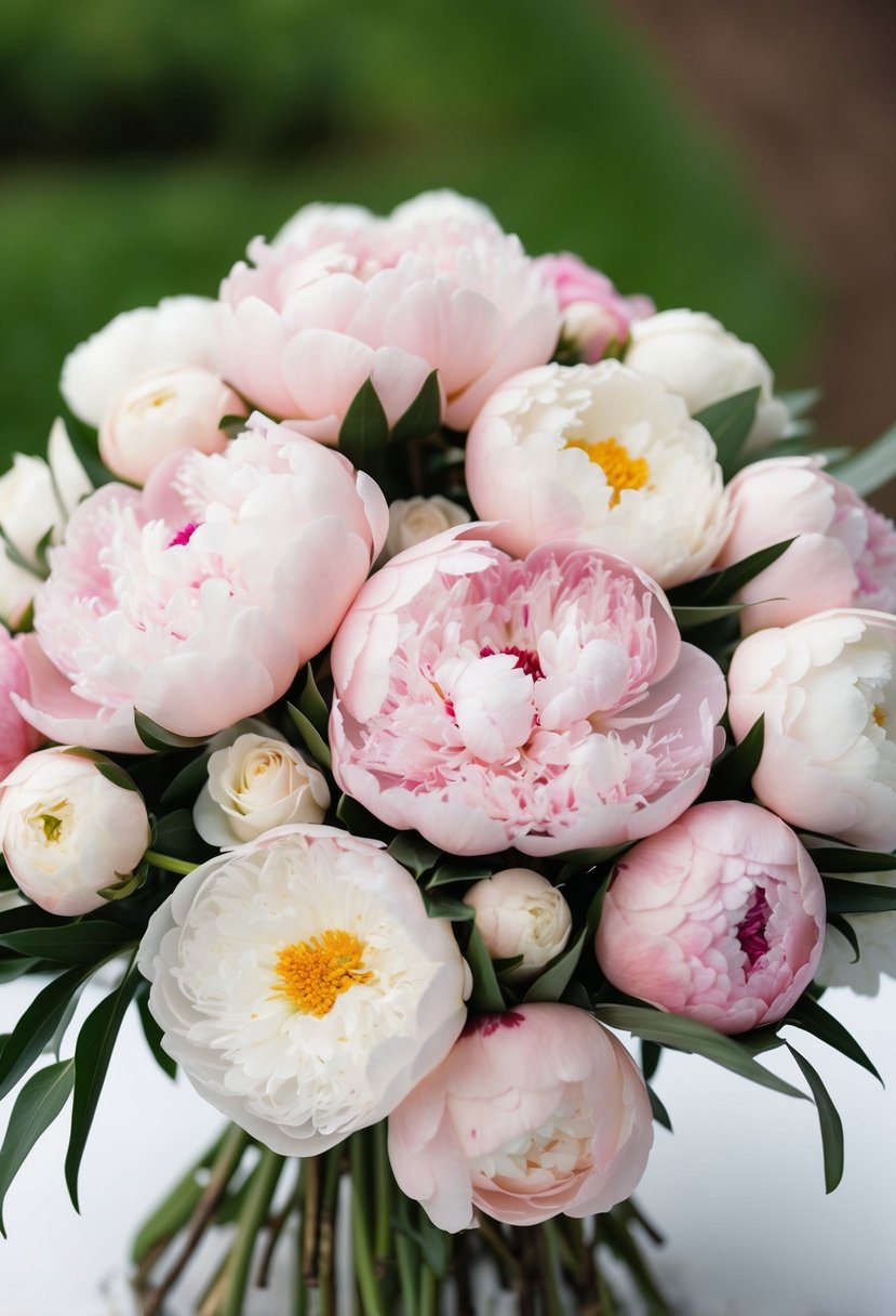 A beautiful arrangement of soft pastel peonies in a stunning wedding bouquet