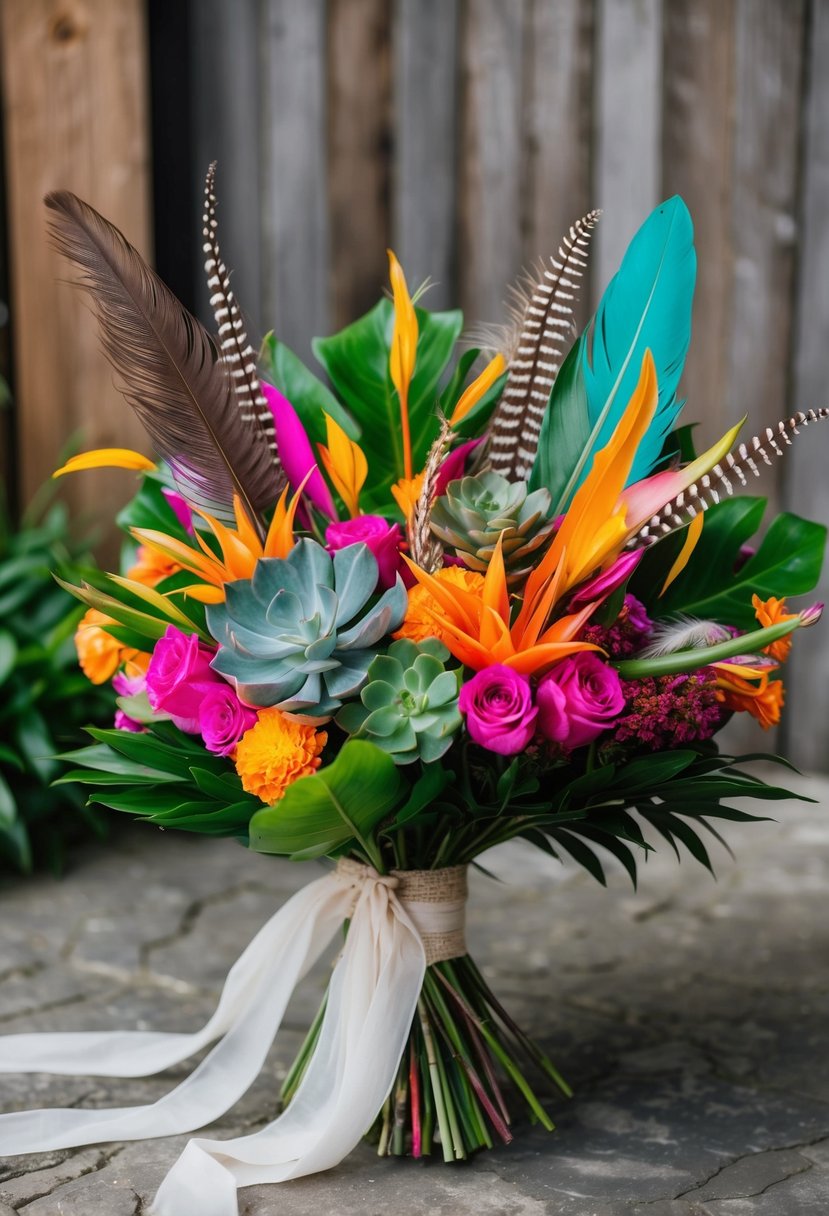 A lush bouquet of vibrant tropical flowers mixed with earthy boho elements, such as feathers and succulents, tied together with flowing ribbons