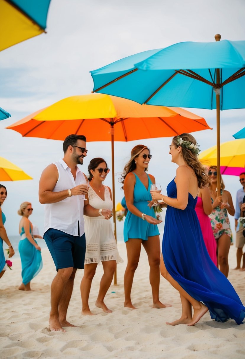 A beach wedding with colorful umbrellas, flowing fabric, and barefoot guests mingling on the sand