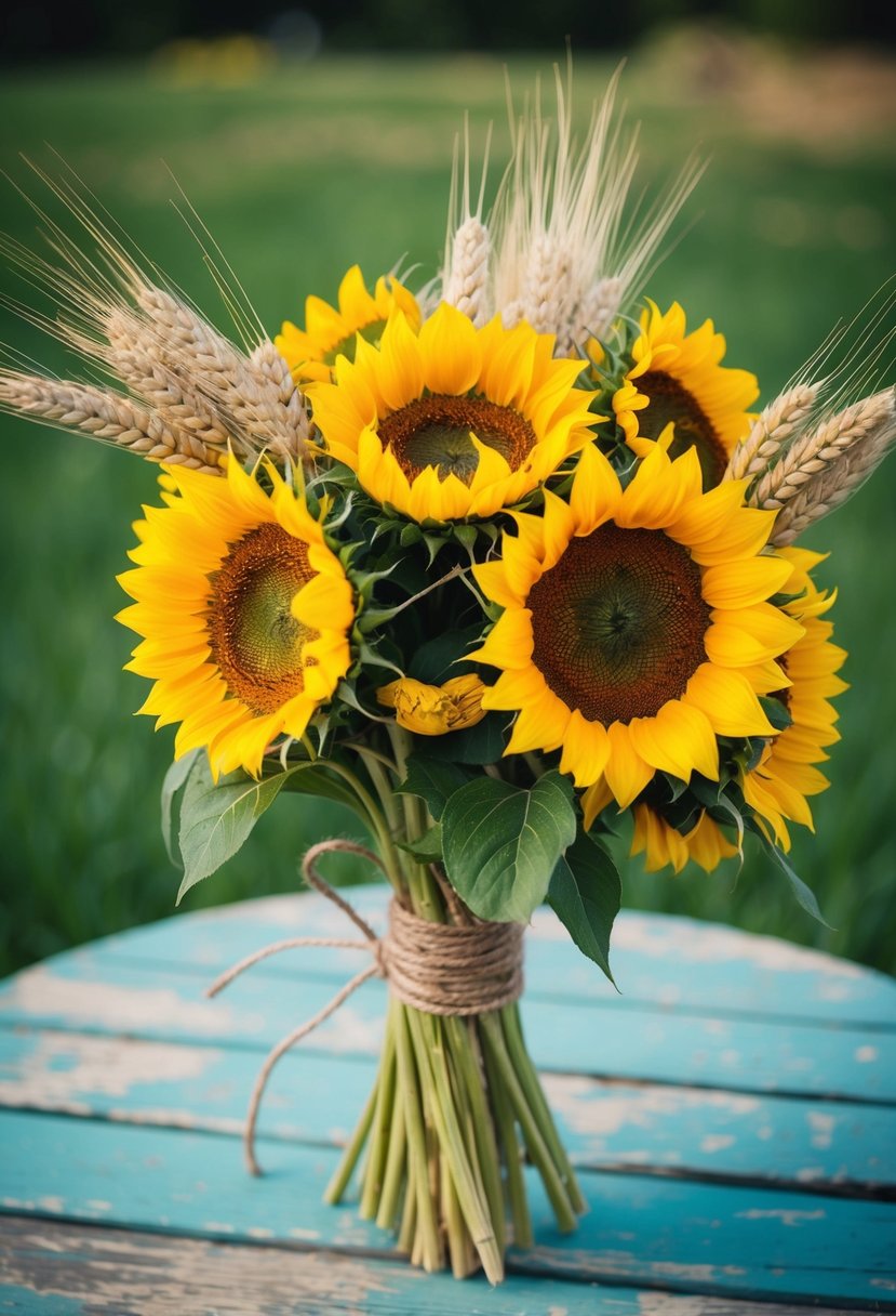 A vibrant bouquet of sunflowers and wheat, tied with twine, sits on a weathered wooden table