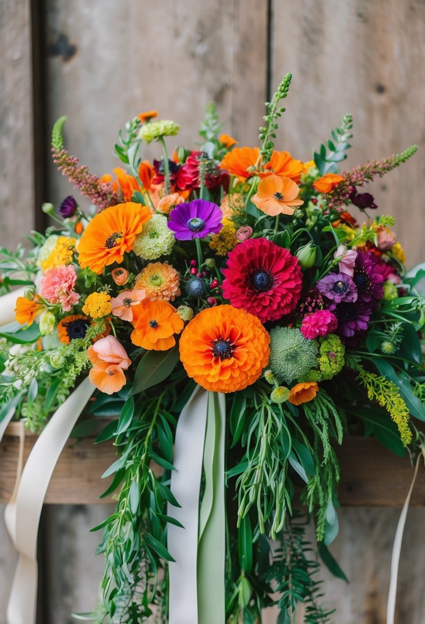 A vibrant wedding bouquet of zinnias, poppies, and other colorful flowers arranged in a cascading style, with lush greenery and flowing ribbons