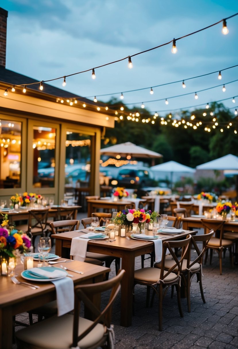 A cozy local restaurant with string lights and outdoor seating, set up for a casual wedding reception with colorful flowers and elegant table settings