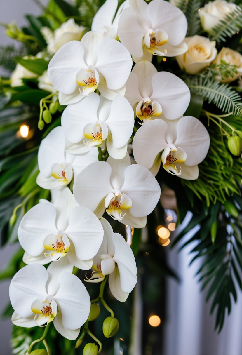 A cascading bouquet of elegant white orchids, with lush greenery and delicate accents