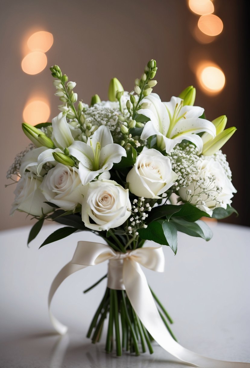 A delicate bouquet of white roses, lilies, and baby's breath tied with a satin ribbon