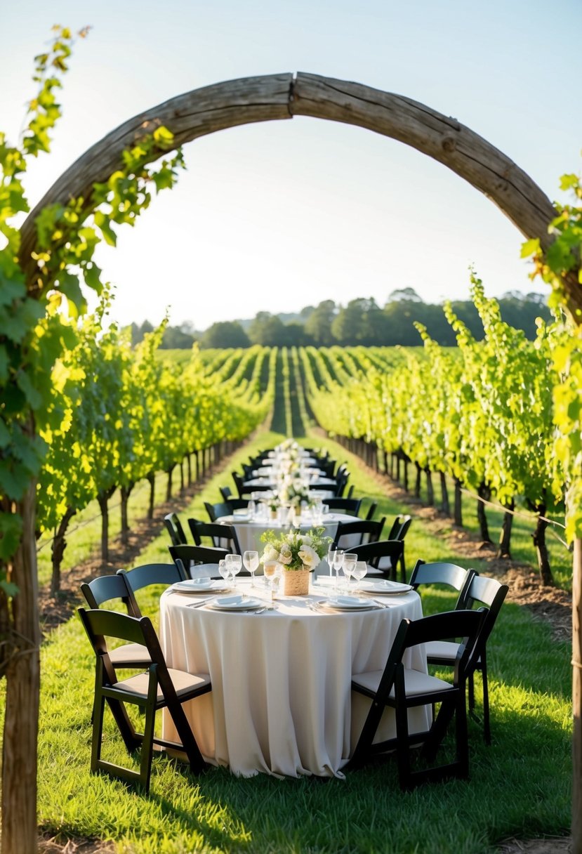 A sunlit vineyard with rows of grapevines, a rustic wooden arch, and tables set for a casual wedding reception