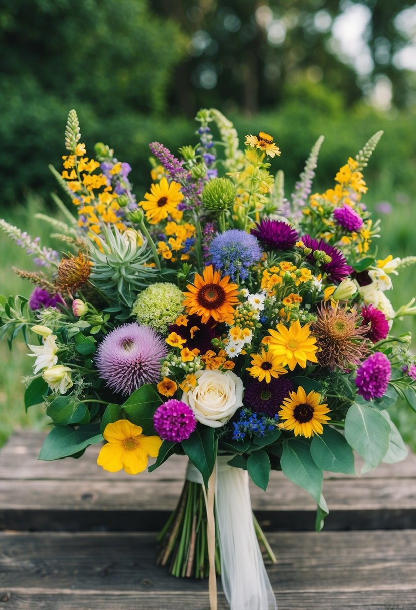 A lush, vibrant mix of wildflowers in various shapes and colors arranged in a stunning wedding bouquet