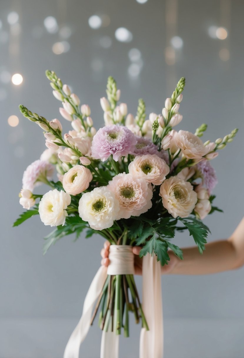 A soft, pastel-hued Lisianthus bouquet held in a delicate, flowing arrangement