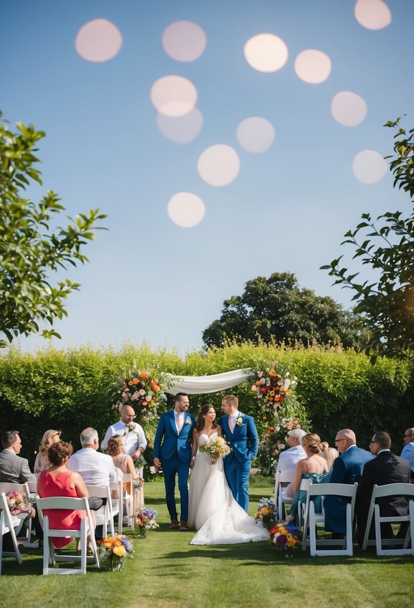 A sunny outdoor wedding with guests in relaxed attire, surrounded by greenery and colorful flowers