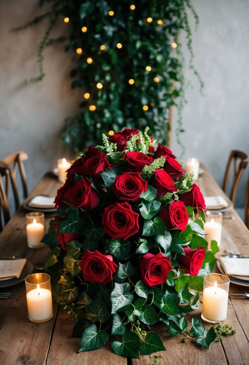 A lush bouquet of red roses and ivy cascades over a rustic wooden table, accented by soft candlelight