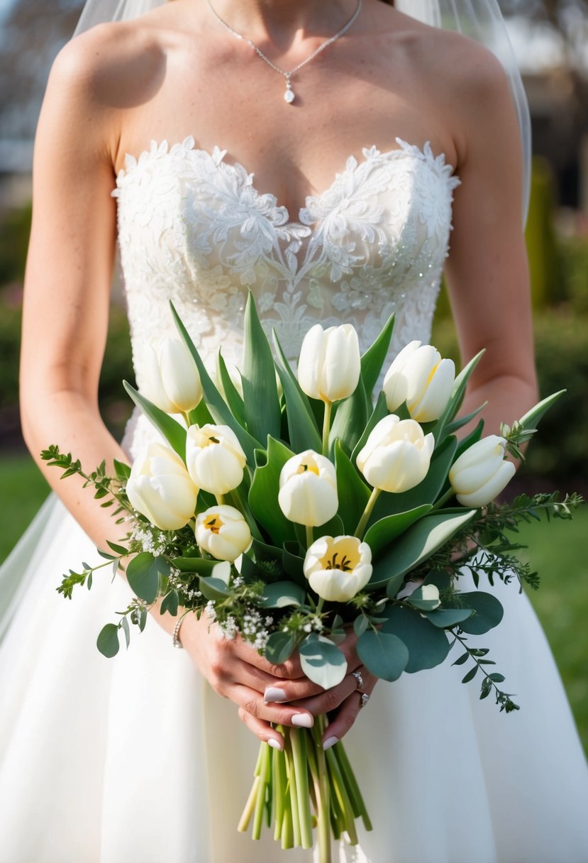 A bride's hand holding a bouquet of elegant tulips and greenery