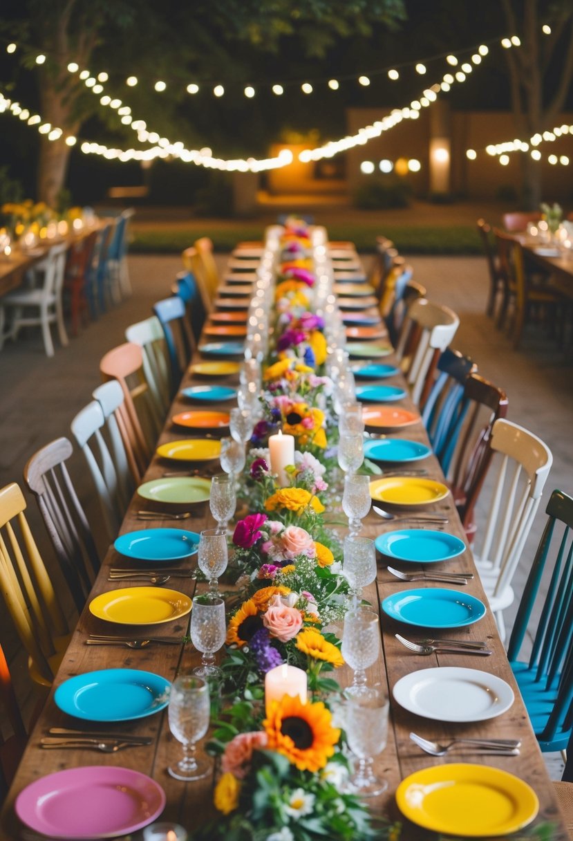 A long wooden table set with an array of colorful dishes and flowers, surrounded by mismatched chairs and twinkling lights