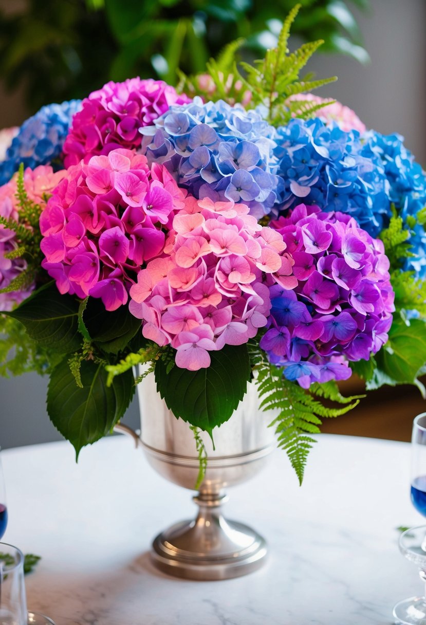 A vibrant bouquet of hydrangeas in shades of pink, blue, and purple, accented with lush greenery, held in a delicate silver vase