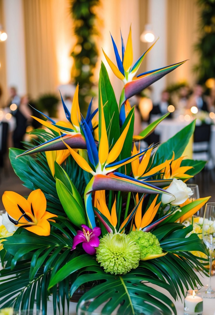 A vibrant bouquet of tropical Birds of Paradise, surrounded by lush green foliage and other exotic flowers, creates a stunning wedding centerpiece