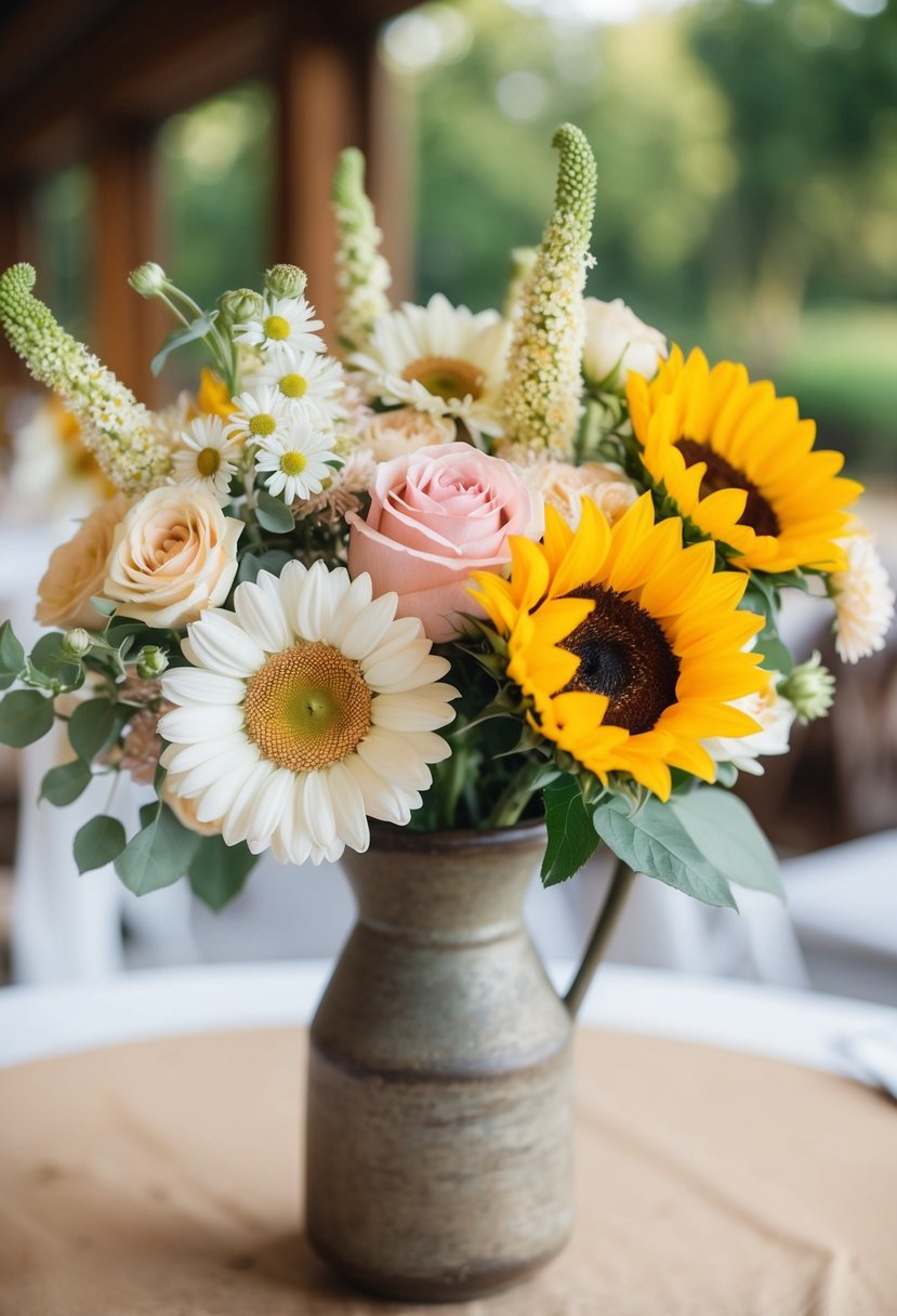 Blooming flowers in soft pastel colors, like daisies, roses, and sunflowers, arranged in a rustic vase for a casual wedding