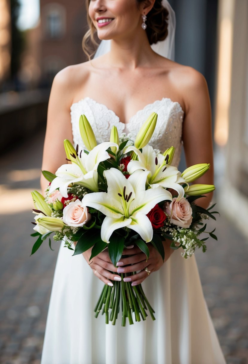 A bride holding a bouquet of classic lilies and other beautiful flowers