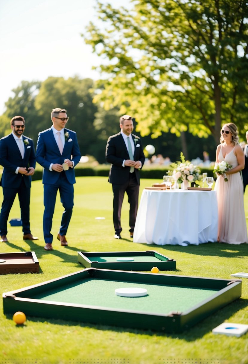 A sunny outdoor wedding reception with guests playing lawn games like cornhole and bocce for entertainment