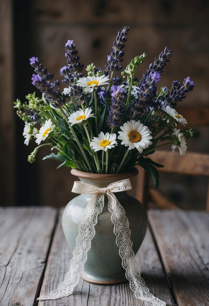 A vintage-inspired bouquet of lavender and daisies, tied with lace ribbon, sits in a weathered ceramic vase on a rustic wooden table