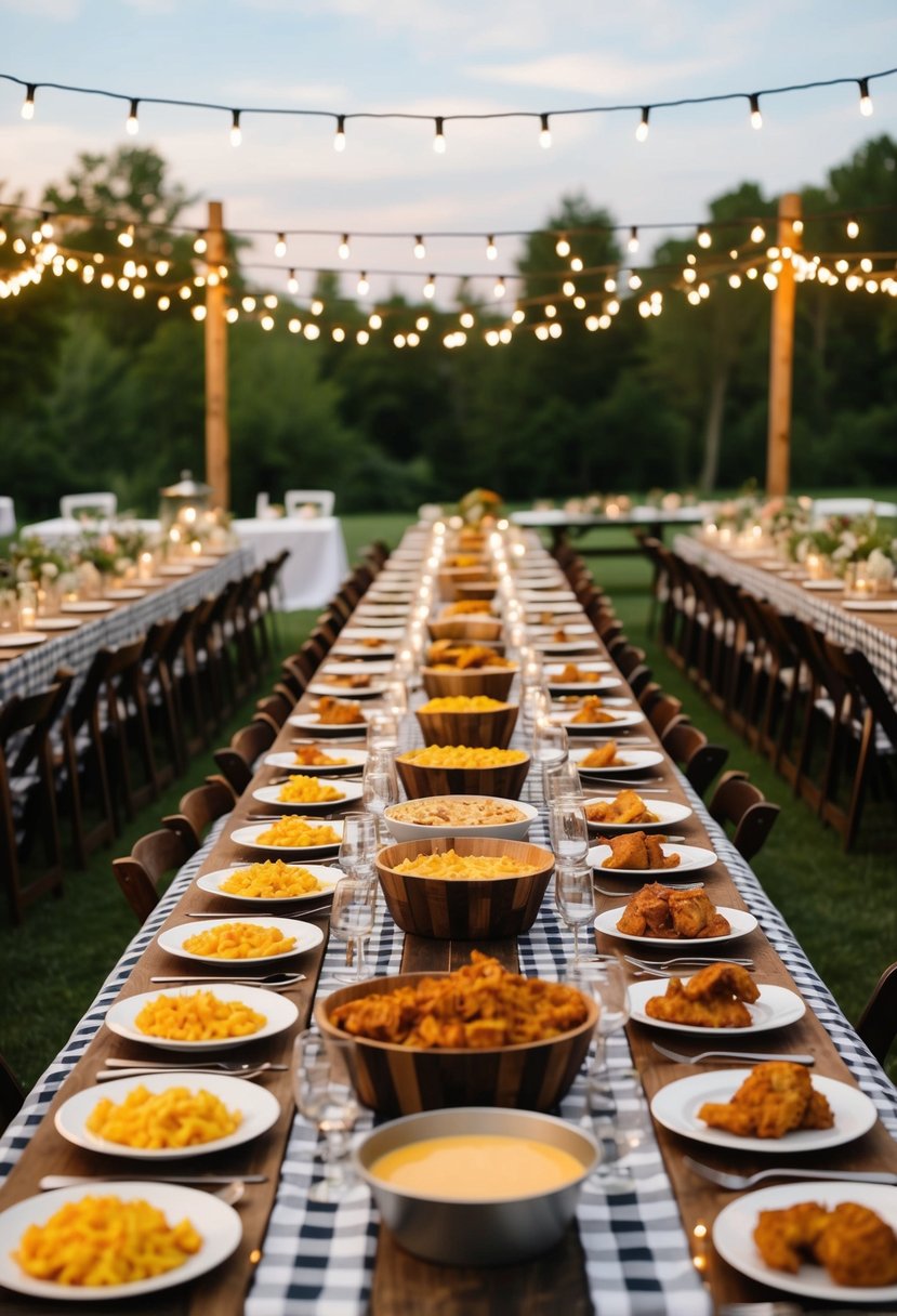 A rustic outdoor wedding reception with long wooden tables covered in checkered tablecloths, surrounded by string lights and serving comfort food such as mac and cheese, fried chicken, and apple pie