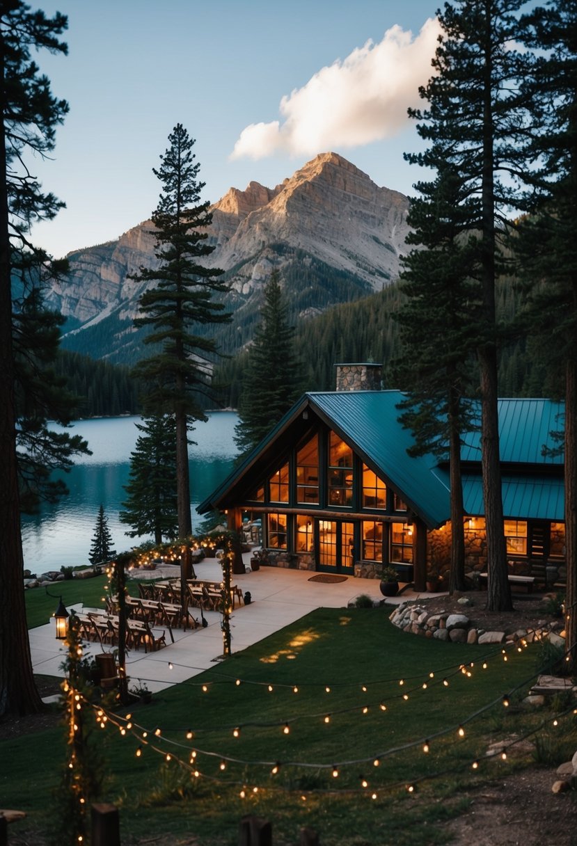 A rustic lodge nestled in the mountains, surrounded by tall pine trees and a serene lake, with a cozy outdoor ceremony space and twinkling string lights