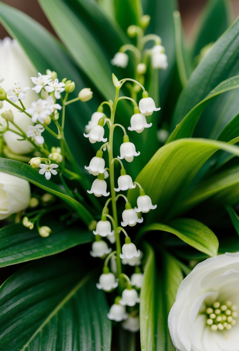 Lily of the Valley cascading from a delicate wedding bouquet, surrounded by lush green foliage and delicate white blooms