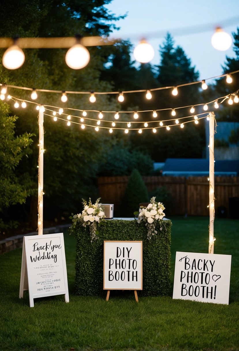 A backyard wedding with twinkling lights, a DIY photo booth, and hand-painted signs