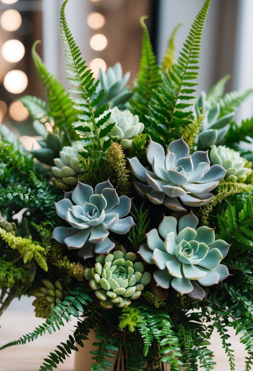 A lush bouquet of whimsical succulents and ferns intertwined in a stunning display of natural beauty