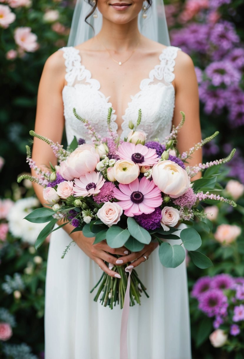 A bride holds a lush bouquet of scabiosa, surrounded by soft, romantic flowers in varying shades of pink and purple