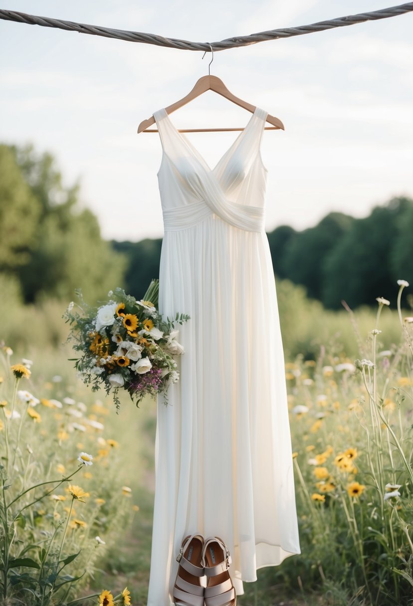 A flowing white dress hangs on a hanger, surrounded by a bouquet of wildflowers and a pair of comfortable sandals