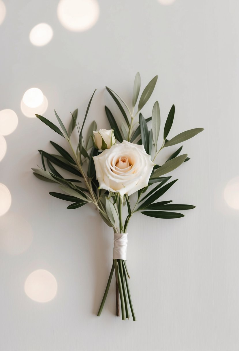 A simple, elegant wedding bouquet featuring an olive branch and a single rose, arranged in a minimalist style