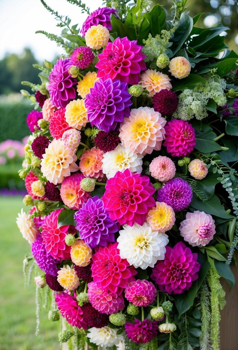 A lavish bouquet of vibrant dahlia flowers in various hues, arranged in a cascading style with lush greenery and delicate accents