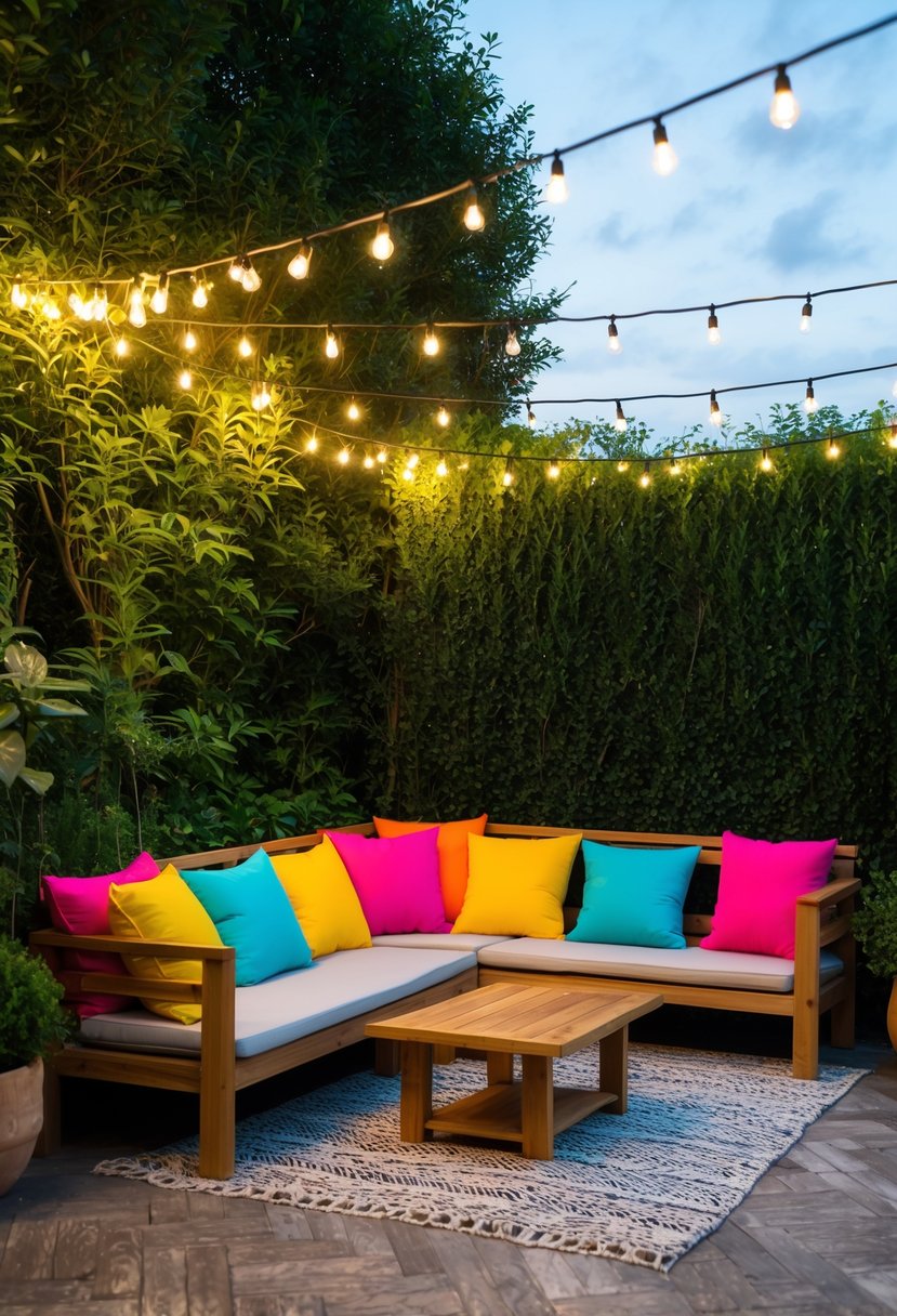 A cozy outdoor seating area with wooden benches and colorful cushions arranged around a low table, set against a backdrop of lush greenery and twinkling string lights