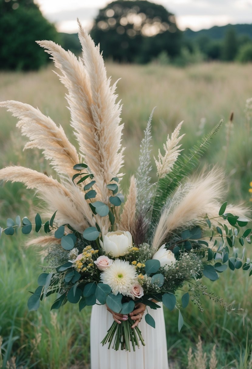 A lush bouquet of pampas grass, eucalyptus, and wildflowers arranged in a free-spirited, bohemian style