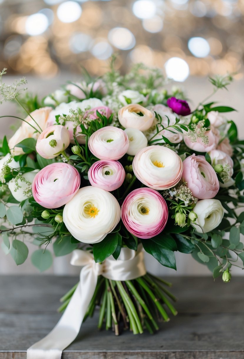 A lush bouquet of elegant ranunculus in various shades of pink and white, accented with delicate greenery and tied with a satin ribbon