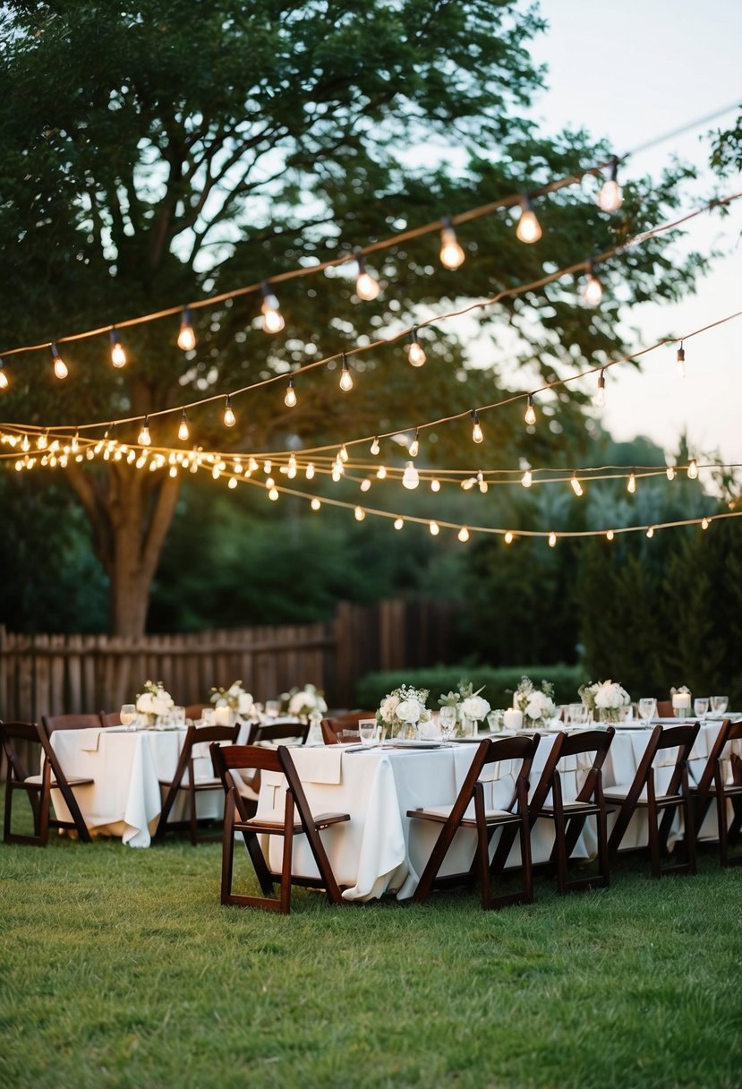 A backyard wedding with homemade decorations, string lights, and casual seating