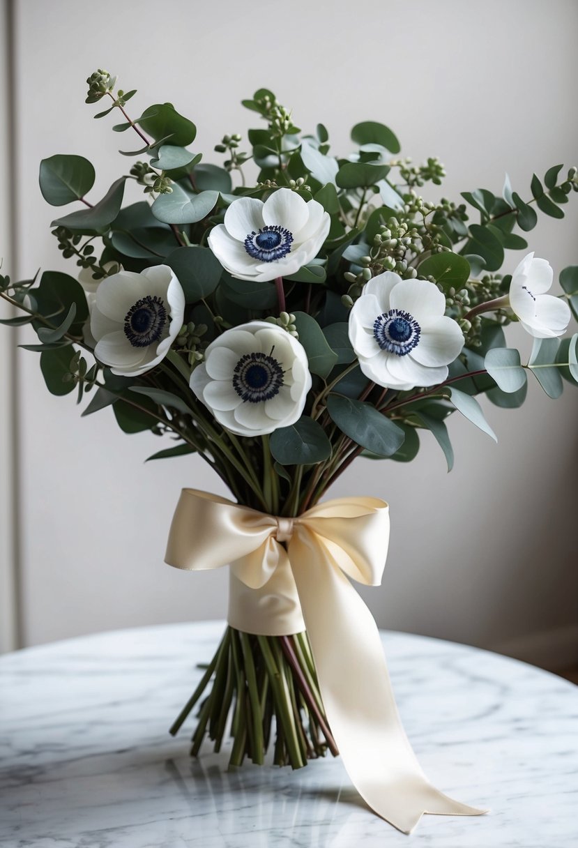 A lush bouquet of anemones and eucalyptus, tied with a satin ribbon, sits on a marble table